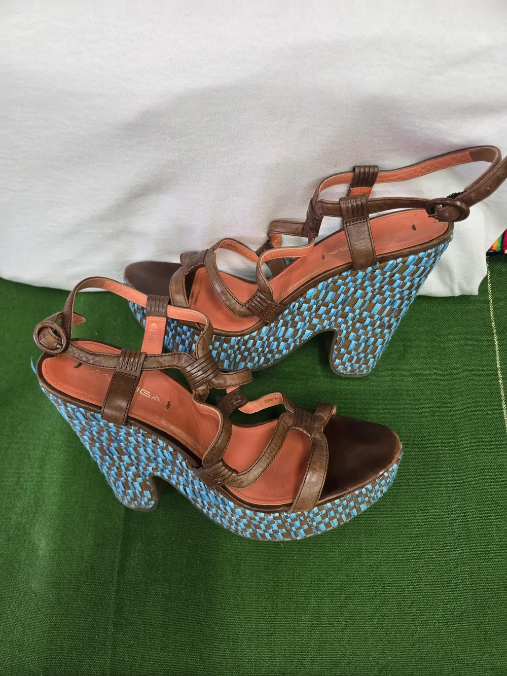 Via Spiga Brown Leather Strappy Platforms with Turquoise Woven Heel
